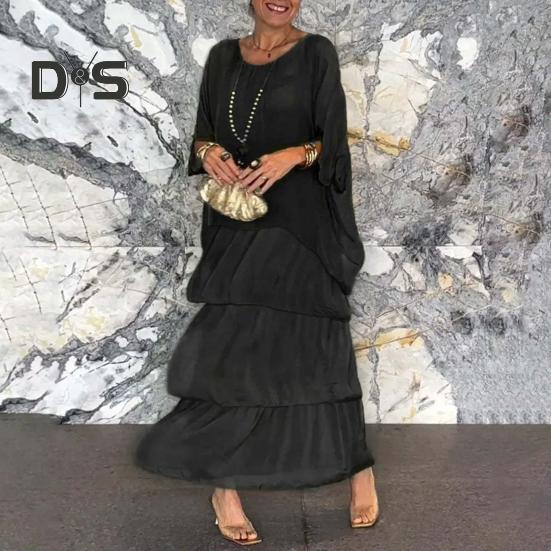 Abendkleid, mehrlagig, verstreuter Kuchensaum, Halbarm-Maxikleid, Fledermausärmel, weites Chiffonkleid mit Rundhalsausschnitt für Party und Abschlussball