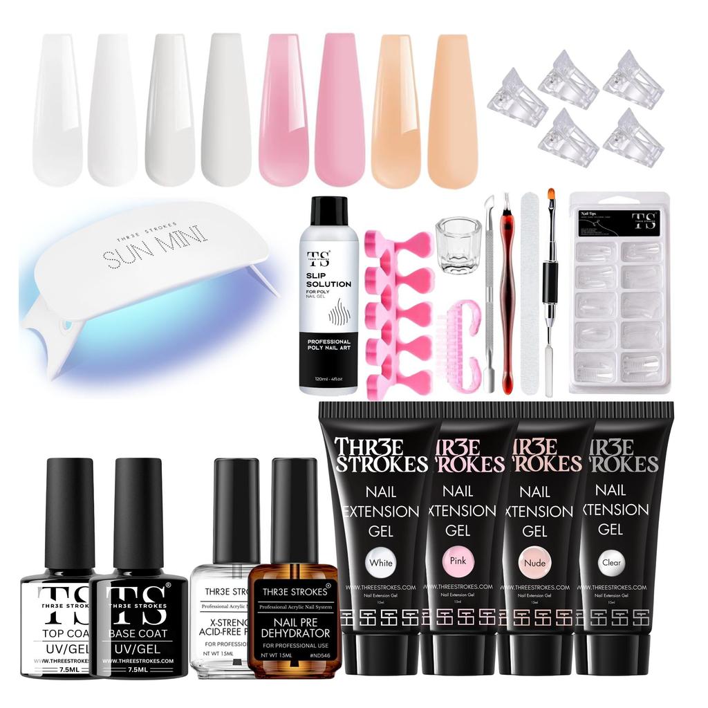 THR3E STROKES Poly Nail Extension Gel Kit with UV LED Lamp, Nail Primer & Dehydrator, Slip Solution, Dual-Form Tips & Manicure Tools - Long-Lasting