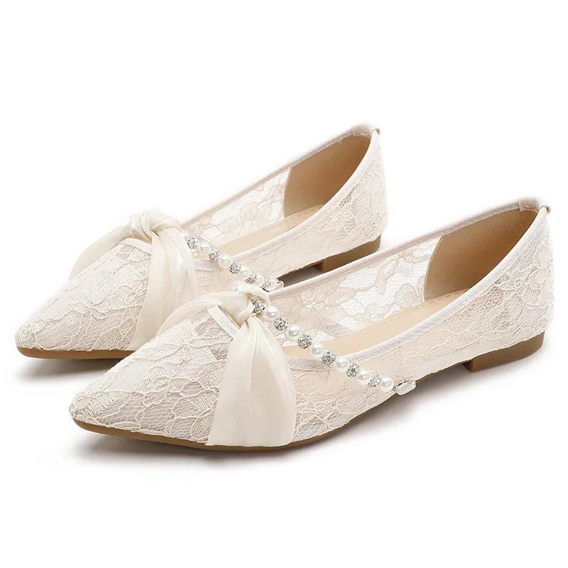 Fashion Summer Women Pearl String Pointed Toe Ballerinas Flats Shoes Fashion Slip on Comfort Soft Sole Female Breathable Lace Dress Shoe