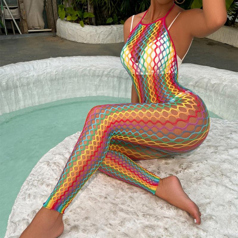 Open Crotchless Sexy Lingerie Fishnet Rainbow cotton Lingerie Striped Sex Underwear Erotic Dress Bodysuit Tights Girlfriend gift