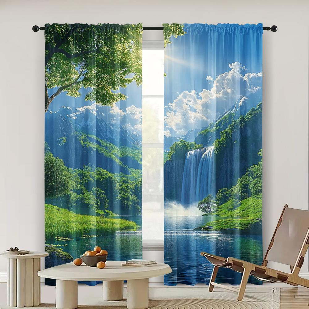 2pc,   Scene Curtains curtainWith waterfalls, green grass and blue sky Machine Washable Polyester,Without Electricity Versatile