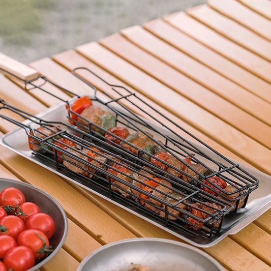 Stainless Steel BBQ Grill Basket with Wooden Handle Non-Stick Sausage Roasting Cage Multi-functional Grill Utensil for Outdoor Camping