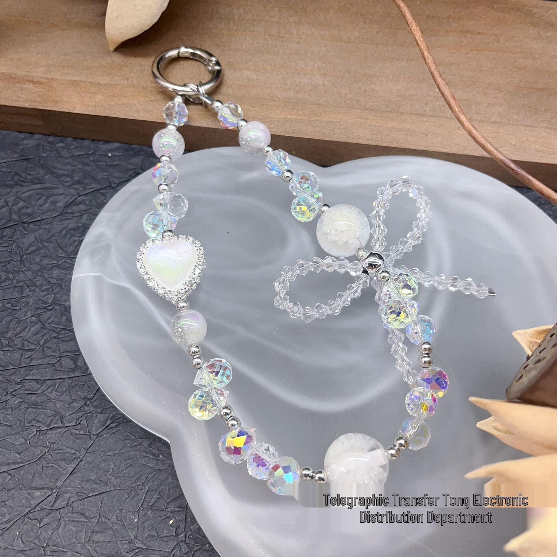 Elegant Rhinestone Heart Mobile Phone and Bag Charm with Crystal Bow Keychain
