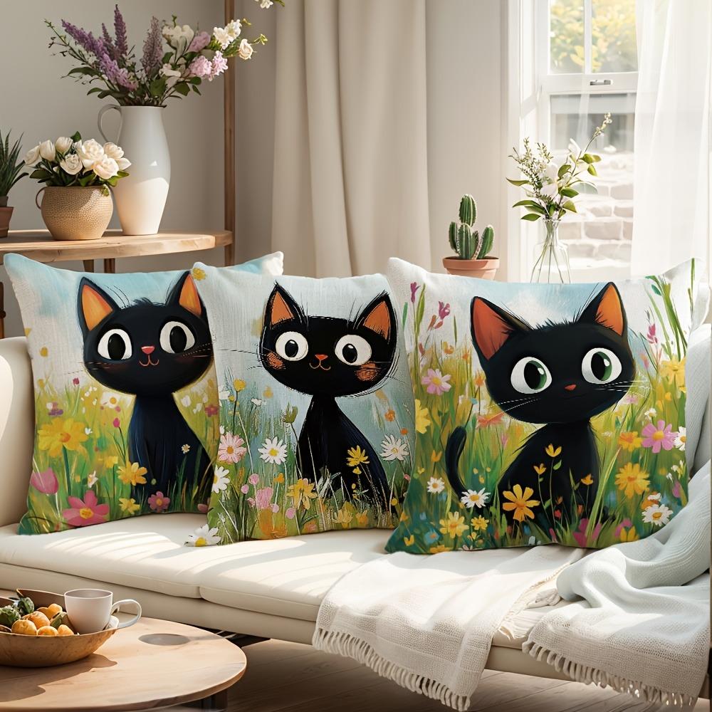 Cute Black Cat - Floral Pillow CoversLiving Room Sofa Cushion Cover, Soft and Comfortable, Bedroom Room Decoration
