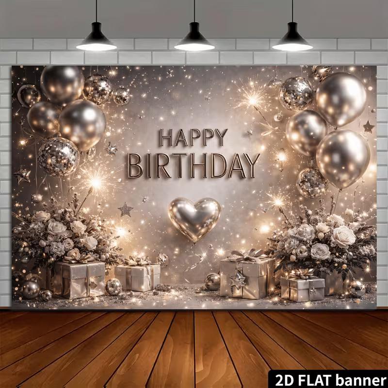 2D Happy Birthday Silber Glitzer Ballon Hintergrund Banner Party Foto Hintergrund