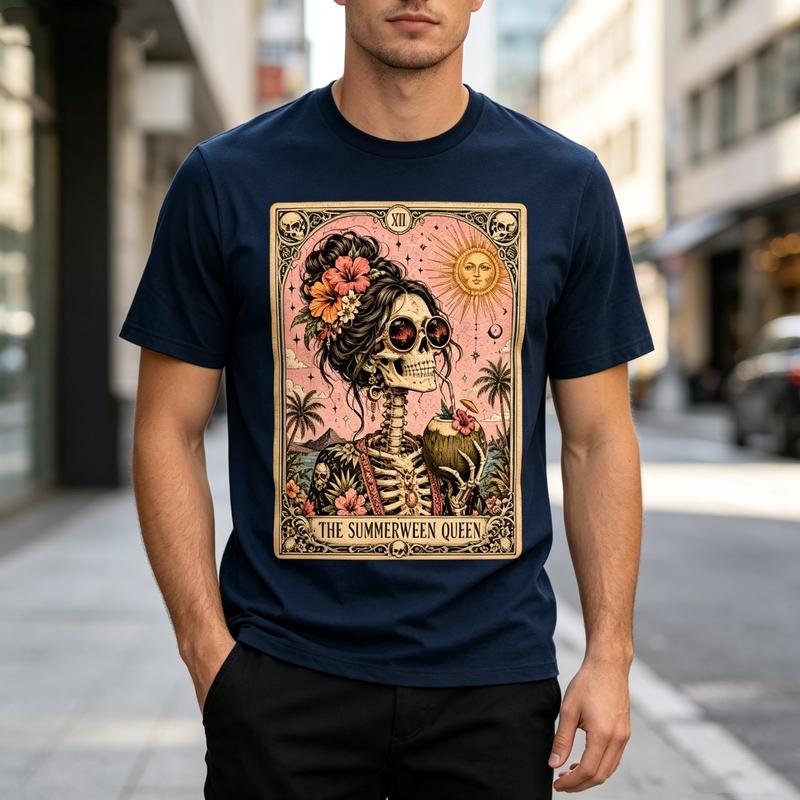 Vintage Summer Lover T Shirt Skull Queen Tarot Vintage Art Print Soft Cotton Crew Neck Unisex Top Oversized Tee Harajuku Y2k