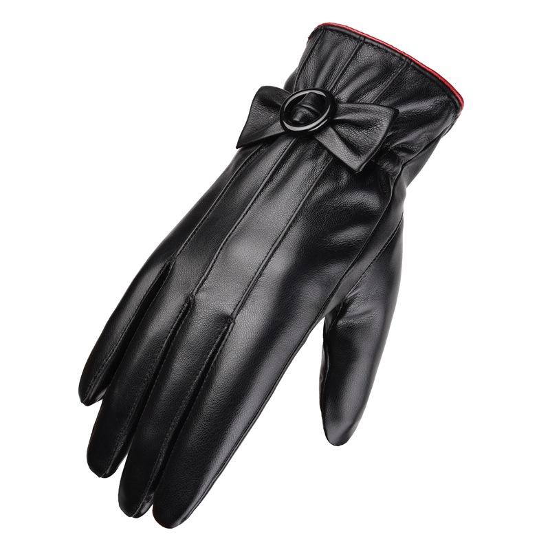 Women's warm leather gloves new winter gloves bow fleece thickened cold-proof cycling touch screen gloves