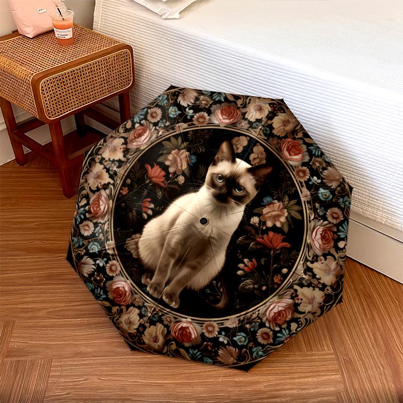 Cats and Flowers pattern, automatic folding umbrella, portable and foldable design, 8 ribs, a Christmas or birthday gift.