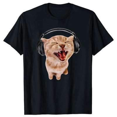 Lustige Alberne Katze mit Kopfhörern Grafik T-Shirts Herren Damenmode Lässiges T-Shirt 100% Baumwolle Lockeres Oversized T-Shirt
