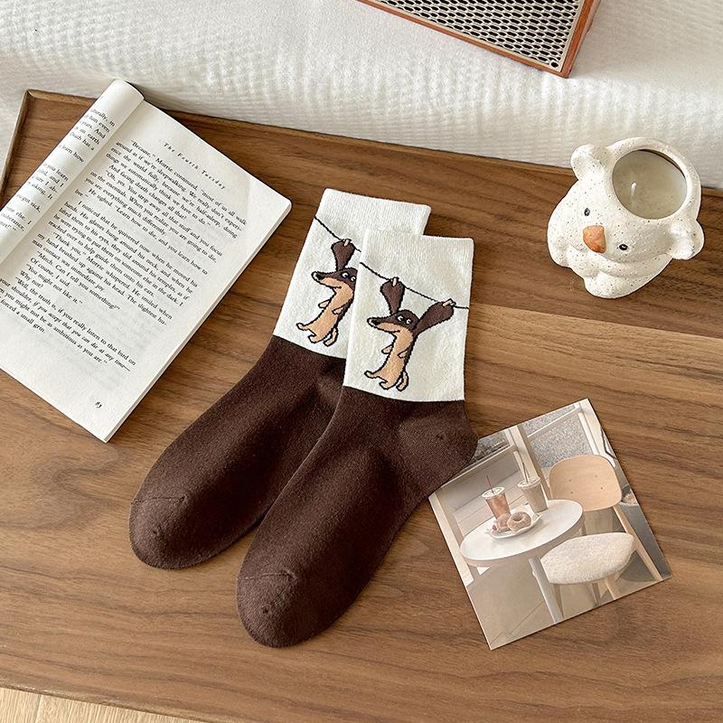 Female Spring and Autumn Retro Cute Cartoon Dog in The Tube Pile Pile Cotton Socks