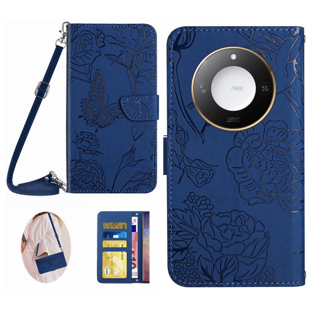 For Honor X9c Smart 5G Case Butterfly Flower Imprint Leather Phone Cover with Shoulder Strap