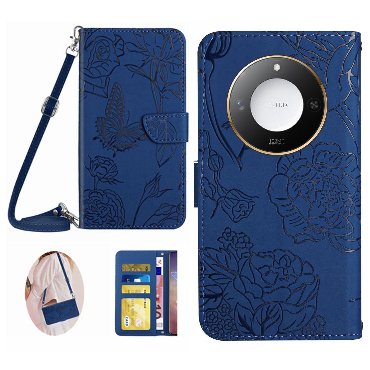 

For Honor X9c Smart 5G Case Butterfly Flower Imprint Leather Phone Cover with Shoulder Strap C