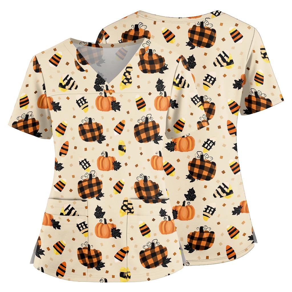 Womens V Neck Halloween Print Medical Scrub Top with Pockets Side Slits Short Sleeve Work Shirt for Healthcare Professionals