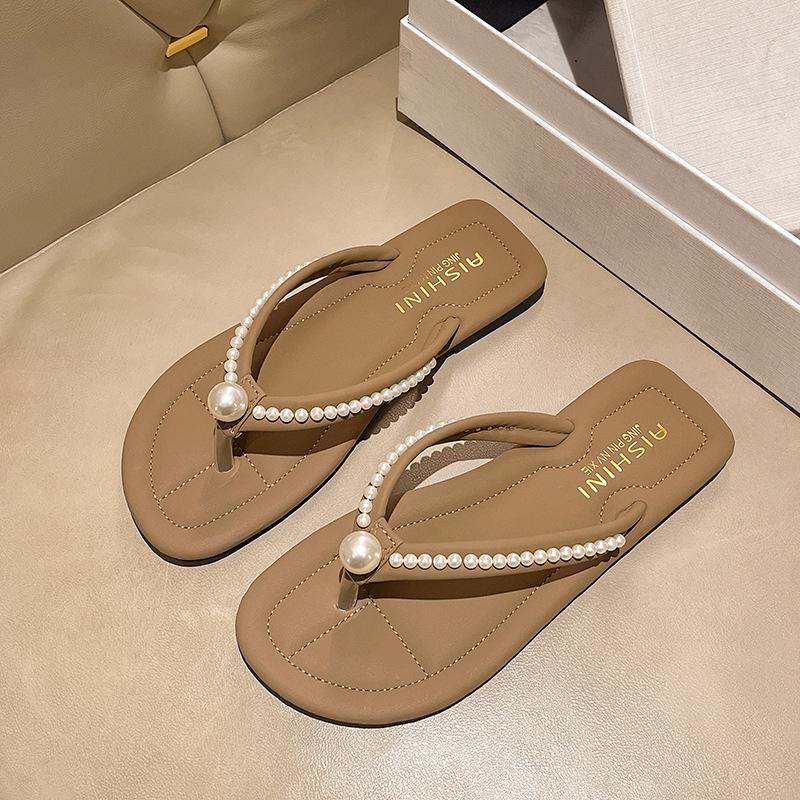 Fashion Women's Beach Sandals Flat Bottom Anti-Slip Fashion Summer Soft PU Flip-Flops Pearl Beaded Comfortable Shoes Sandalias De Mujer