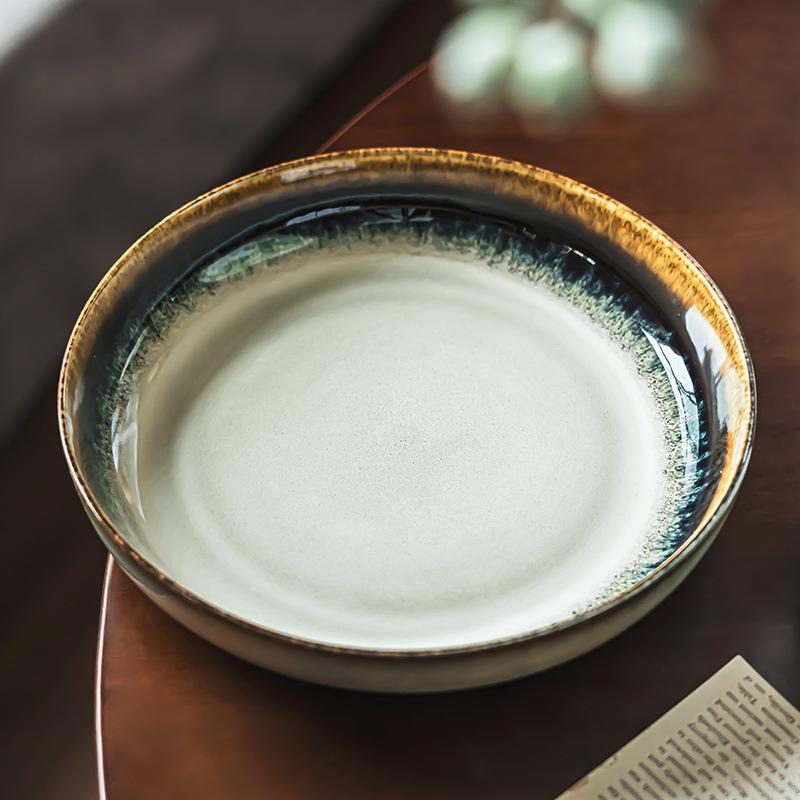 Retro Style Contrasting Color Kiln Change Glaze Ceramic Deep Plate Household Tableware Plate Creative Disc Pasta Plate Salad Plate Vegetable Plate