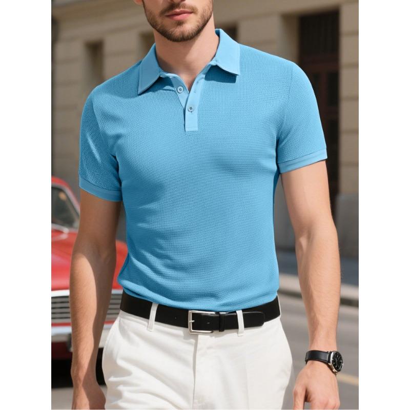 

Men s Short Sleeve Polo Shirt Textured Light Blue Slim Fit Casual Summer Top S синій