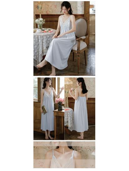 Cotton Lace Princess Camisole Nightgown - Women's Summer Long Dress with Embroidery and Chest Pad, Wearable Outside