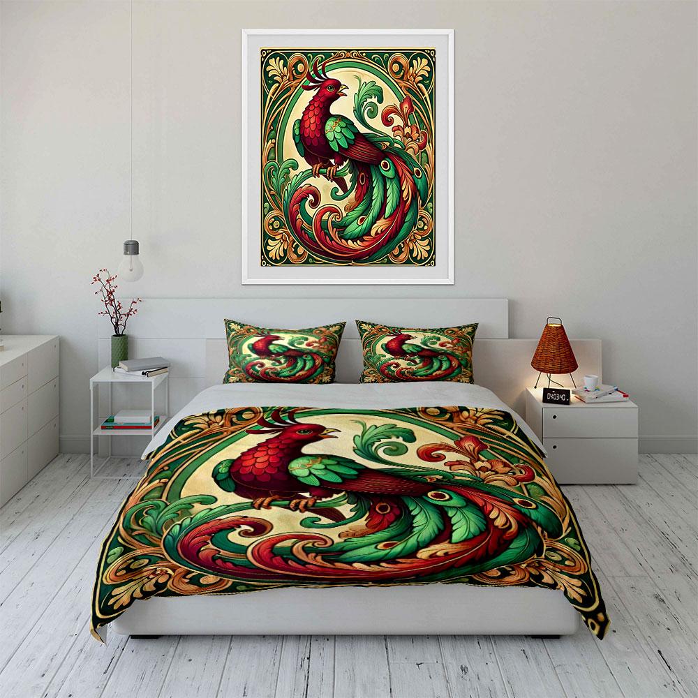 3Pcs Art Nouveau Peacock Ornate Frame Duvet Cover Set Vintage Green Floral Bird Bedding with 1 Duvet Cover 2 Pillowcases