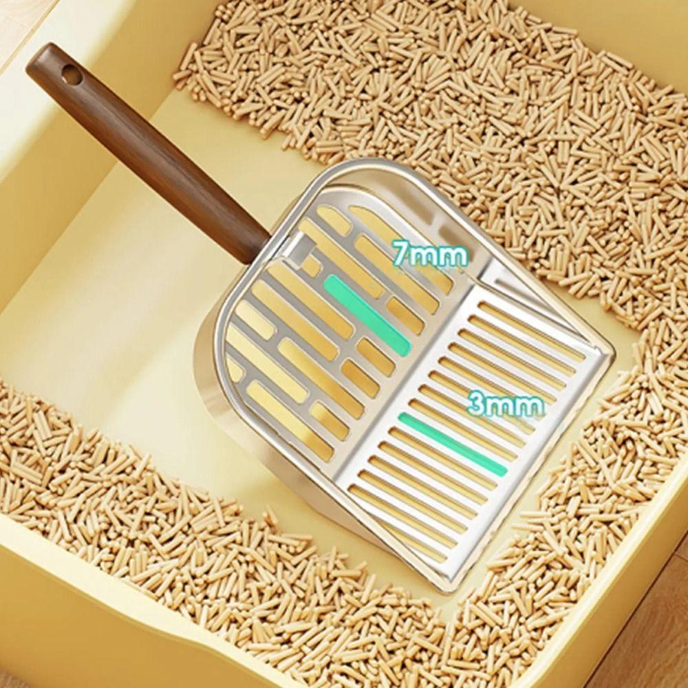Stainless Steel Cat Litter Scoop Long Handled Hollow Design Pet Waste Picker Wooden Handle Easy Clean Litter Box Shovel