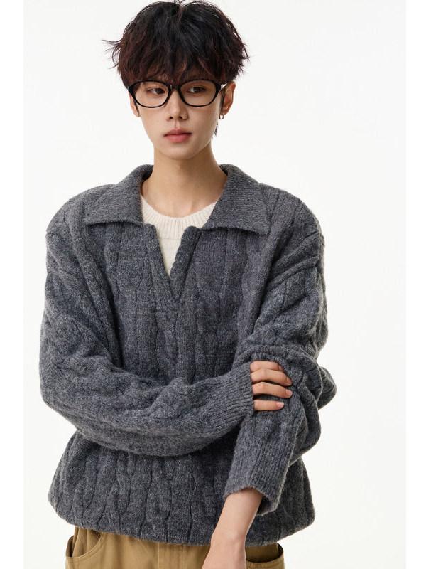 Unisex Faux Two-Piece V-Neck Knit Sweater - Loose, Lazy Style Wool Base Layer for Autumn/Winter.