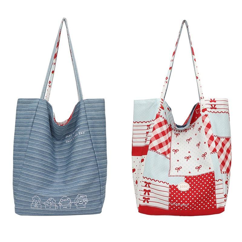 Contrasting Color Canvas Bag Women's Large-capacity New Summer Versatile Shoulder Bag College Student Class Tote Bag