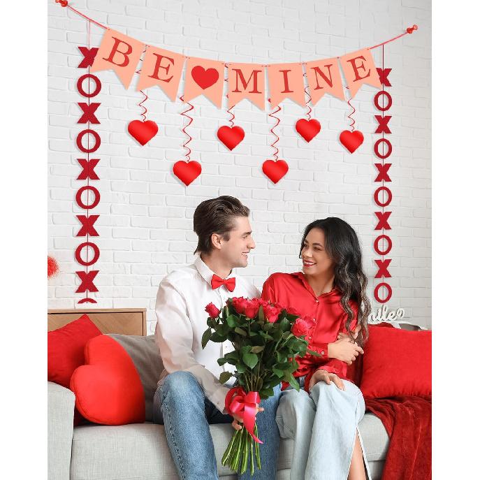 Valentines Day Decorations Kit, 13Pcs Valentines Day Decor with Hanging Heart Swirls, BE Mine XO Garlands Banner, Indoor Valentine Decorations for