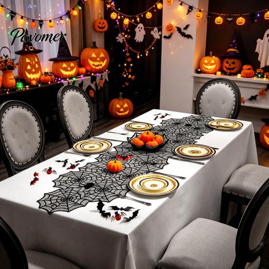 Space-saving Halloween Decoration Table Runner, 18 x 72 Inch Gothic Black Lace Spider Party Decor Web Runner for Kitchen Dinner Centerpiece, Mesh