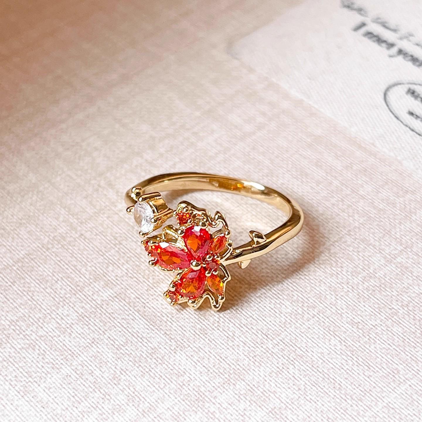 Exquisite Women s French Red Maple Leaf Zirconia Ring – Retro, Versatile, Niche Design