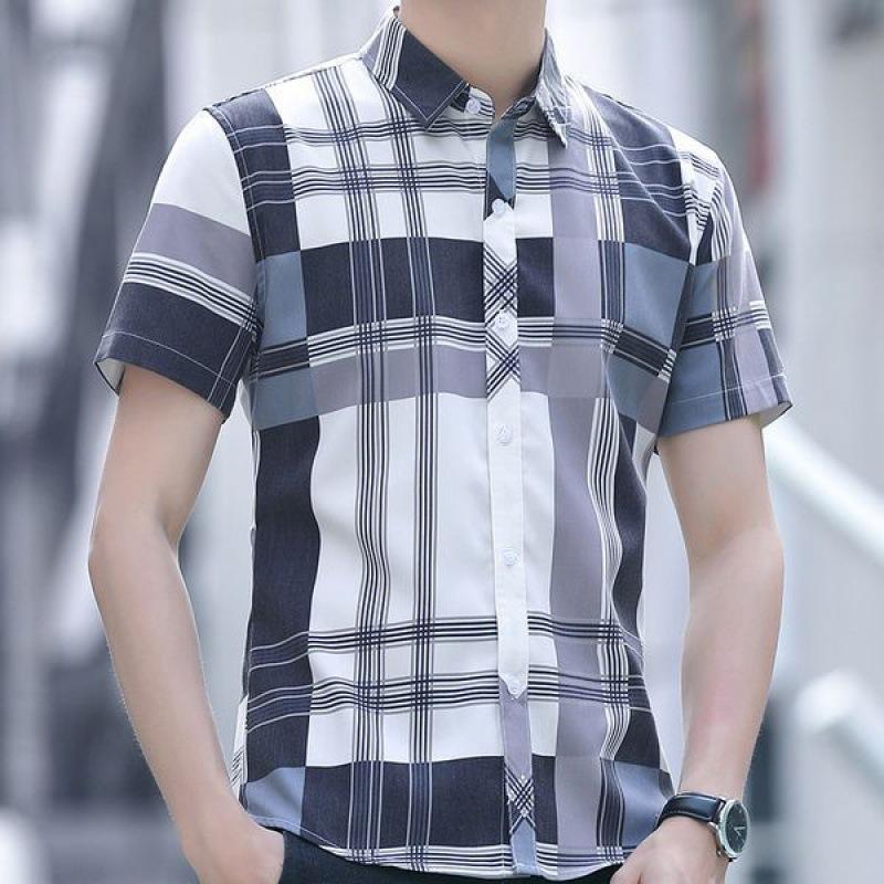 Fashion Shirt Men's Summer Short-sleeved Plaid Casual Slim Trend Non-iron Anti-wrinkle Shirt Blouse Men
