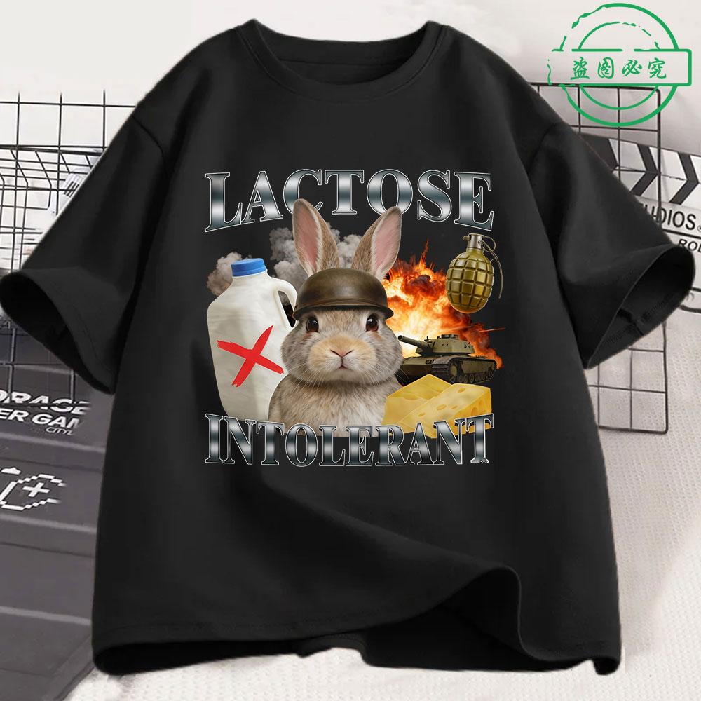 T-shirt Chat Drôle Intolérant au Lactose Unisexe Femme Mode Rétro Manches Courtes Coton Décontracté Confortable Oversize