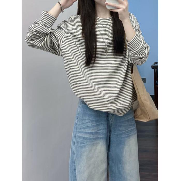 American Vintage Striped Color-block Long-sleeve T-shirt for Women, Loose Loose Lazy Style for Early Autumn, Casual Versatile Top, Base Shirt Trendy