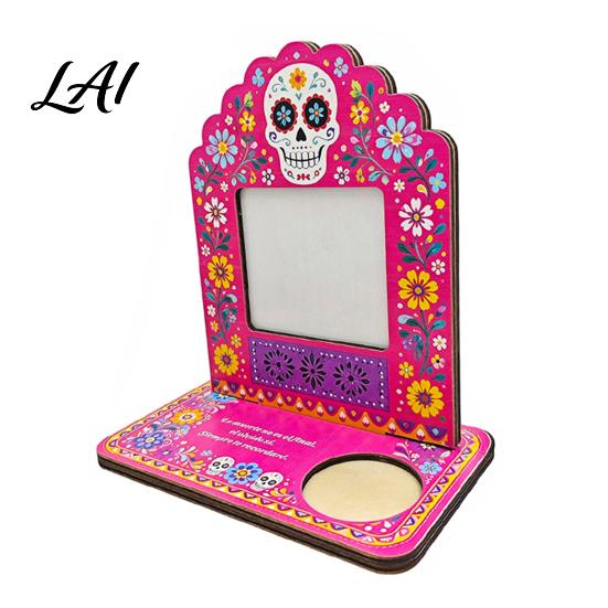 Fotorahmen mit Kerzenhaltern Tag der Toten Rahmen Integrierter Halter Dekoratives Mexikanisches Katzenmotiv Feiertagsdekorationen Zuckerschädel Bild