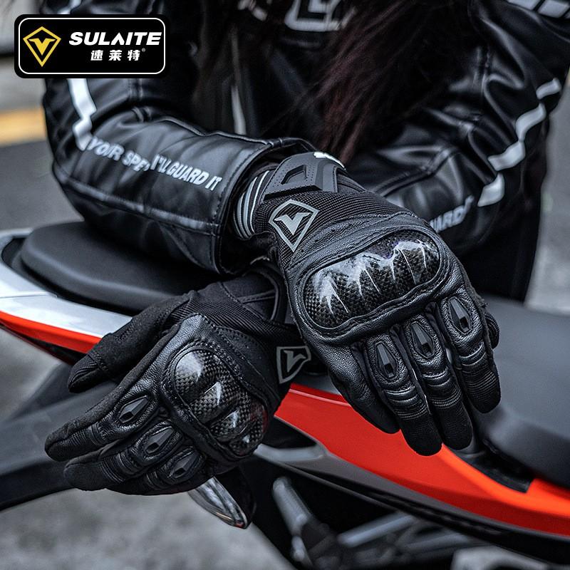 SULAITE Motorcycle Gloves Women Full Finger Carbon Fiber Shell Breathable Touchscreen Goat Leather Riding Gear