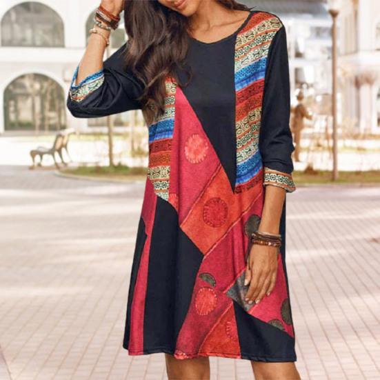 

Женское платье с круглым вырезом, с цветными блоками, в стиле пэчворк, свободные, с длинными рукавами, в этническом стиле, винтажное, длиной до колена, миди L чёрный