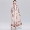 Women's Vintage Floral Print Long Maxi Dress Spring Stand Collar Long-Sleeve Single-breasted Fitted A-Line Dress