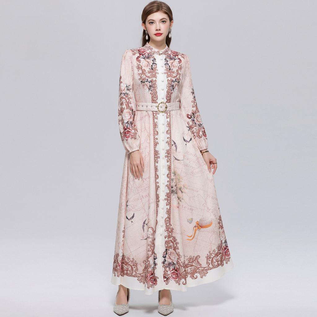 Women's Vintage Floral Print Long Maxi Dress Spring Stand Collar Long-Sleeve Single-breasted Fitted A-Line Dress