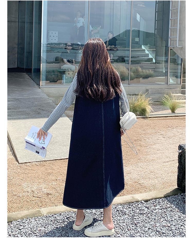 Damen 2025 Herbst Retro Denim Weste & Gestreiftes Top Kleid Set