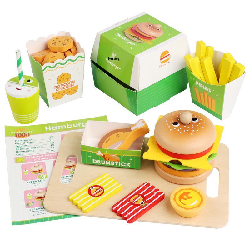 Wooden Hamburger and Fries Pretend Play Set - Educational Toy for Kids