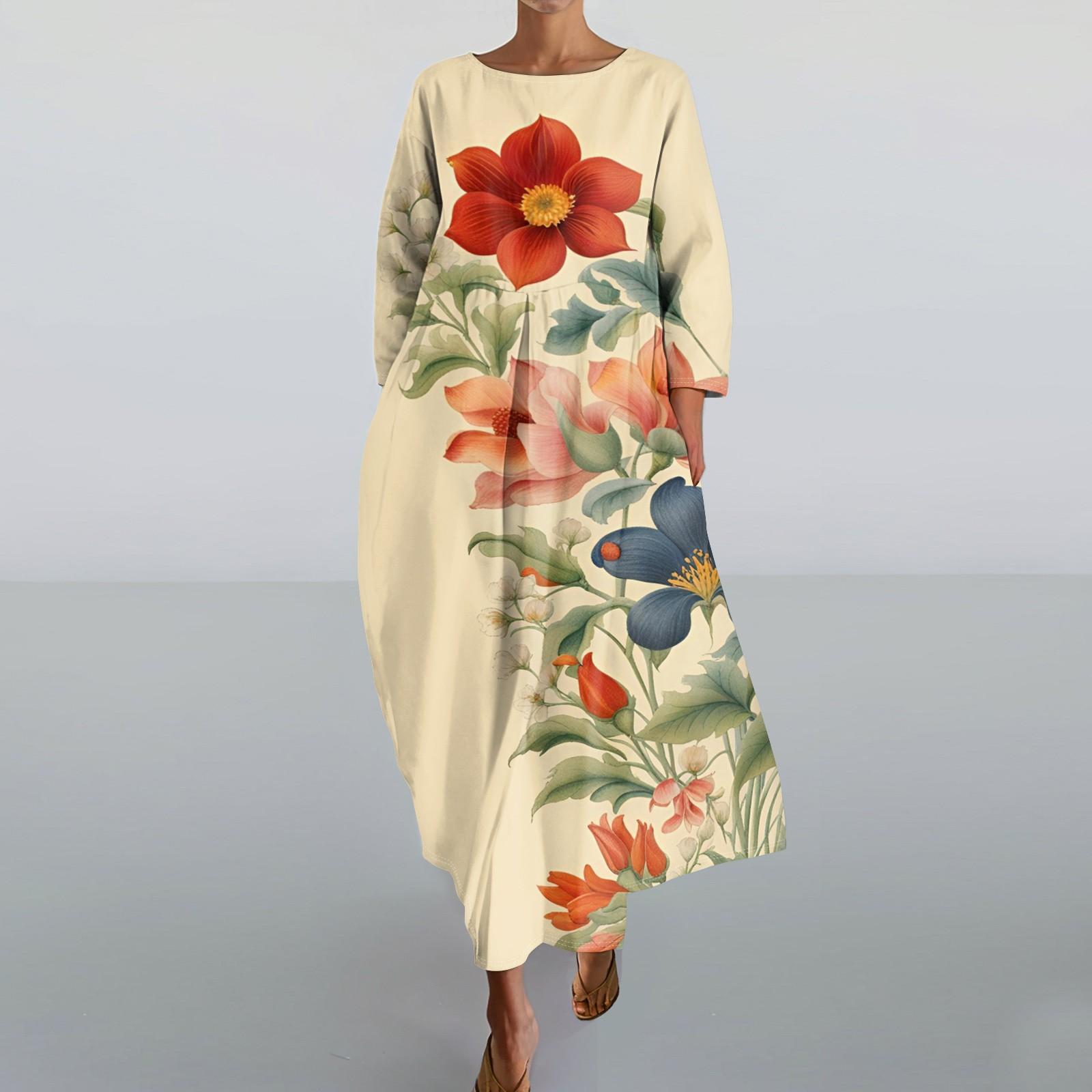 

Женское модное свободное платье с карманом и круглым вырезом с рукавами три четверти M бежевый