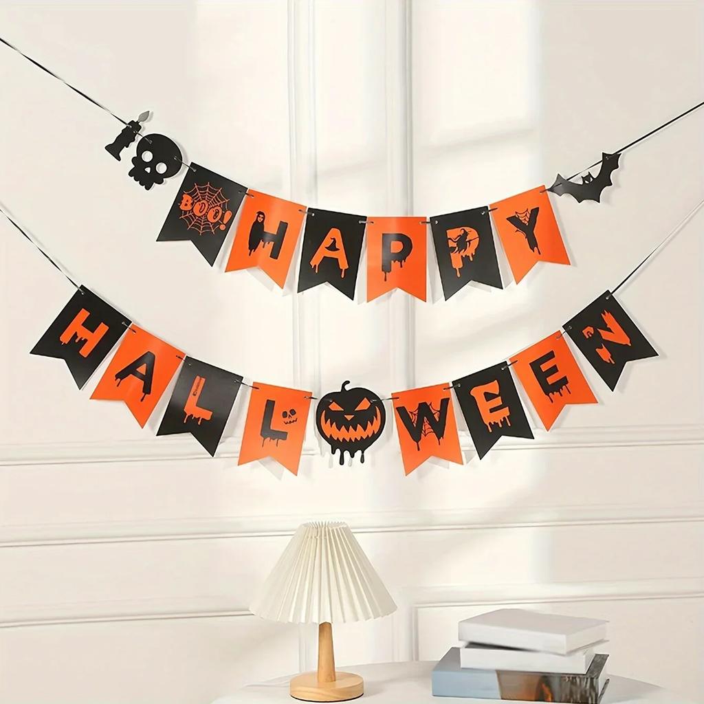1/2pcs-Halloween Flag Hanging Ornaments-decorated with Ghost Bat Skeletons and Scary Pumpkins, Festive Decorations