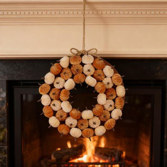 Fabric Pumpkin Wreath Fall Thanksgiving Home Decor with Colorful Mini Gourds Seasonal Front Door Hanging Wreath for Autumn Harvest Festival