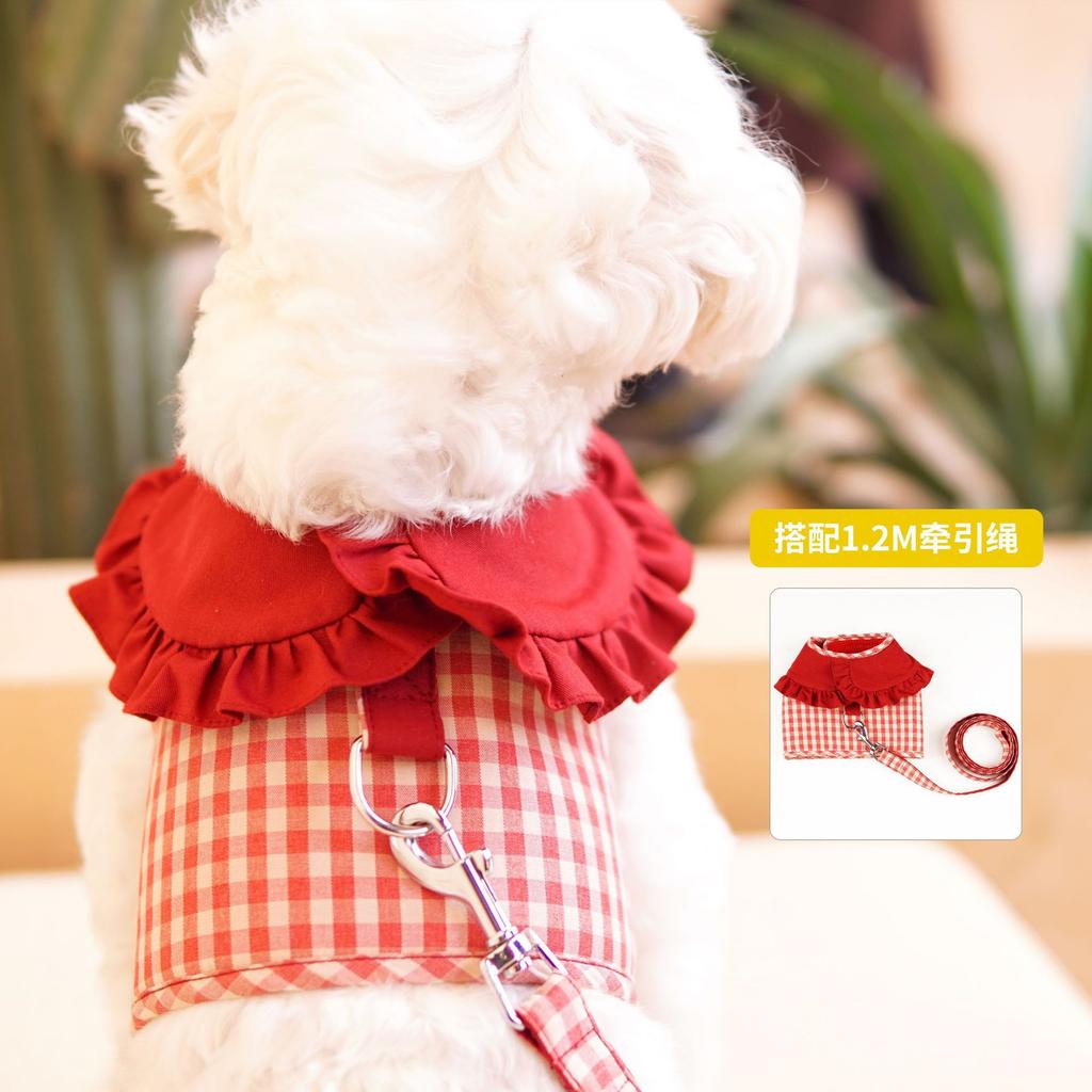 Dog Plaid Chest Strap Lapel Lace Vest Pet Traction Rope Dog Cat Chest Strap Small Dog Vest-style Pomeranian Teddy Dog Rope