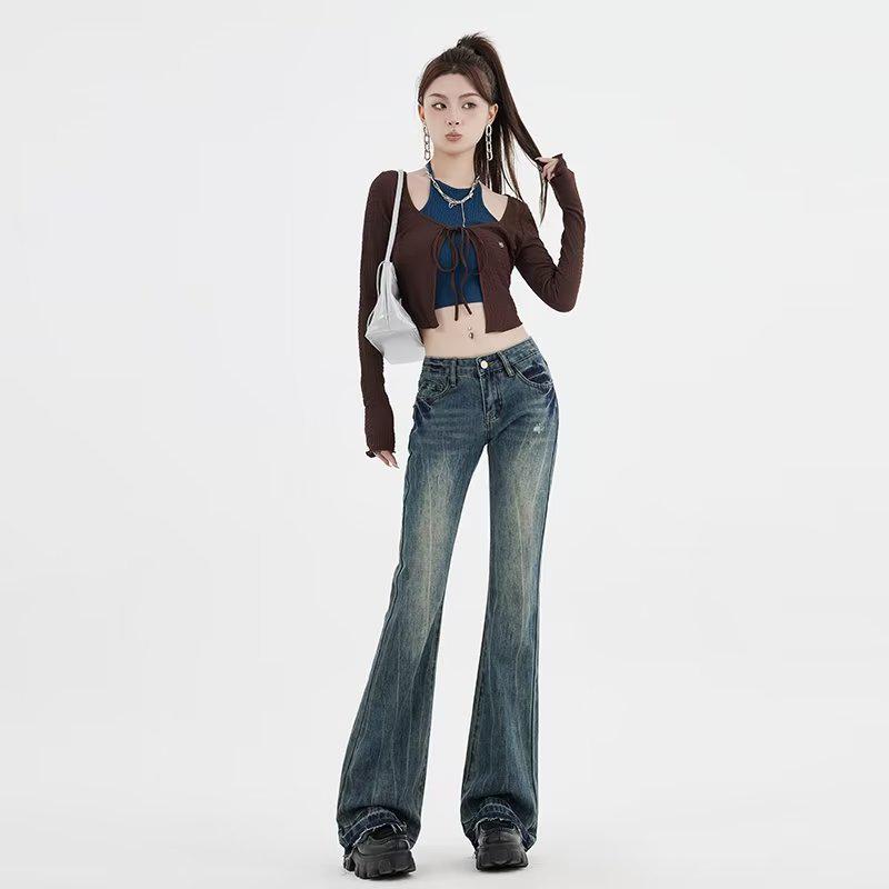 Women s Retro Low-Waist Embroidered Distressed Micro-Flare Jeans - High Street Style, Slimming, Flared Floor-Length 2XL синий