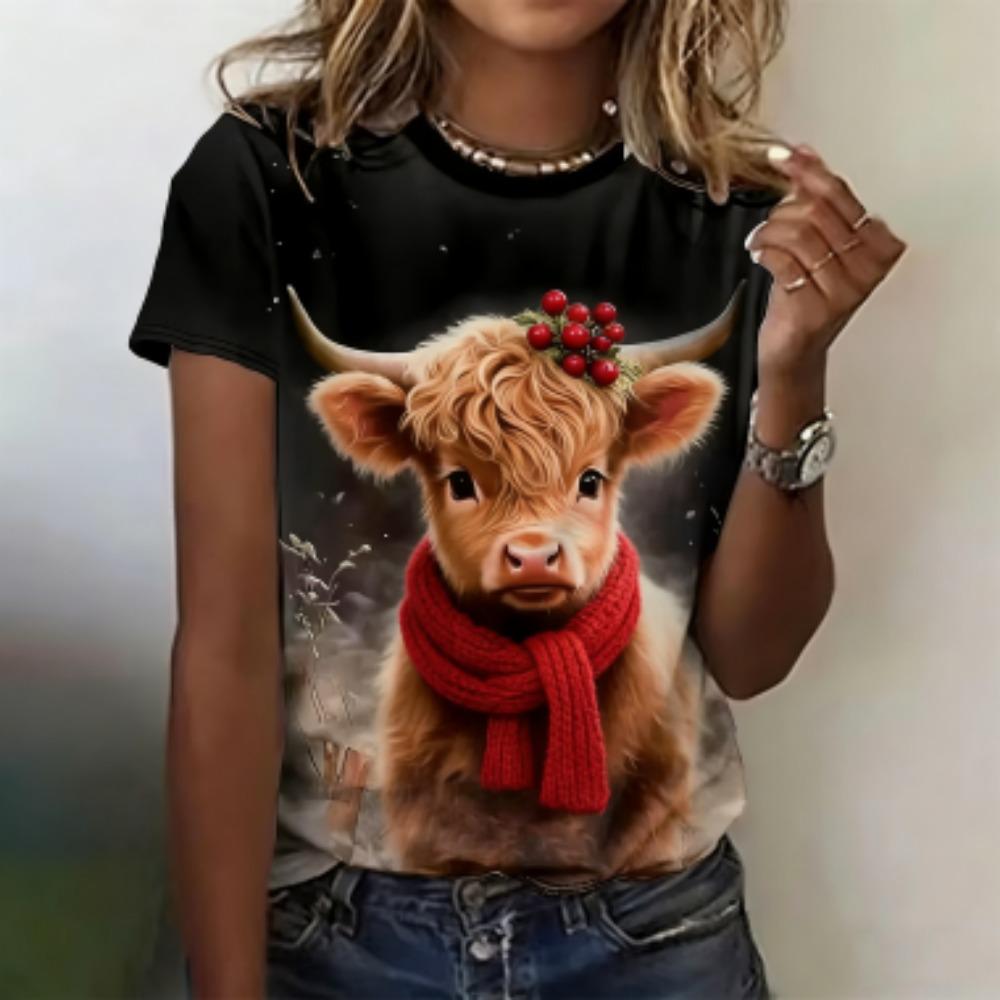 Fashion Animal Cattle Print Women s T-Shirts Fashion Street Short-Sleeve Outdoor Casual Tops Men and Women s Tees Top XXS