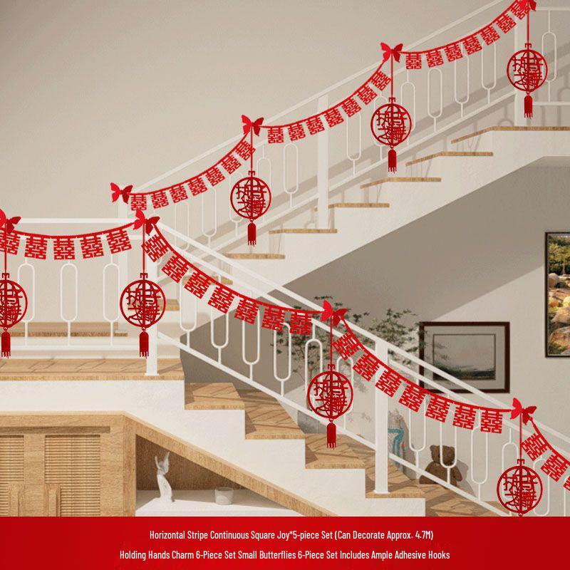 Double Happiness Stair Railing Decor: Wedding Floral Ornaments for Bride and Groom Sides