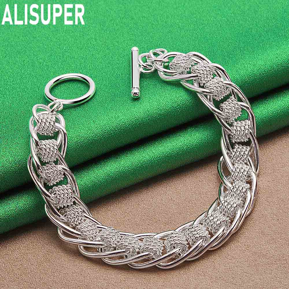 925 Sterling Silver Mesh Diamond Pattern Connecting Side Chain Simple Bracelet Gift Jewelry