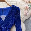 Vestido de una pieza con lentejuelas para mujer, vestido Sexy de manga larga con cuello en V, moda coreana, vestido de fiesta de noche Vintage 2024