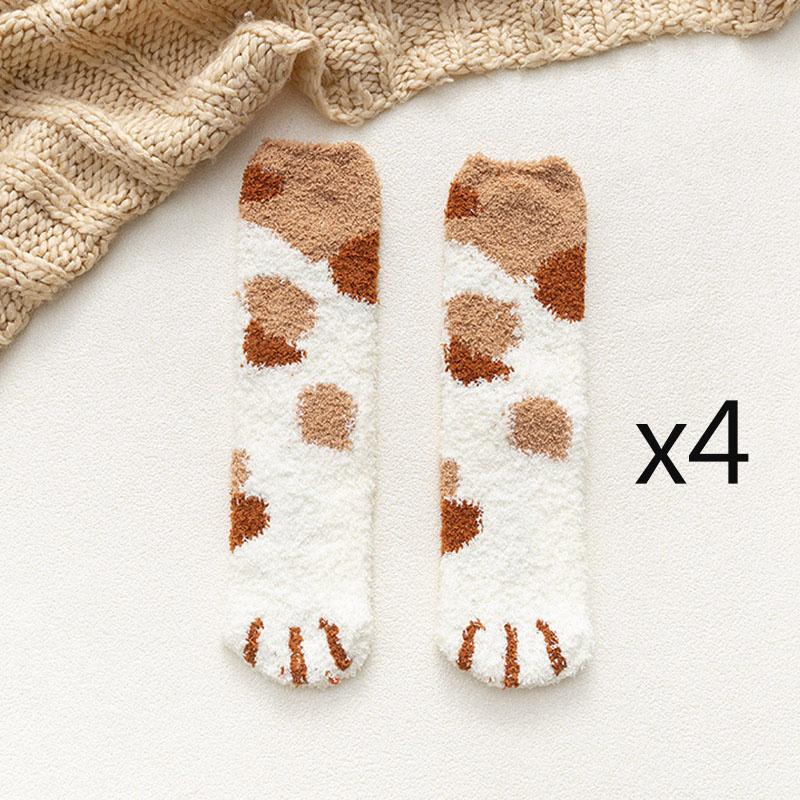 4pairs Winter Coral Fleece Cat Paw Print Socks For Women Men Warm Striped Middle Tube Socks Home Floor Sleeping Socks