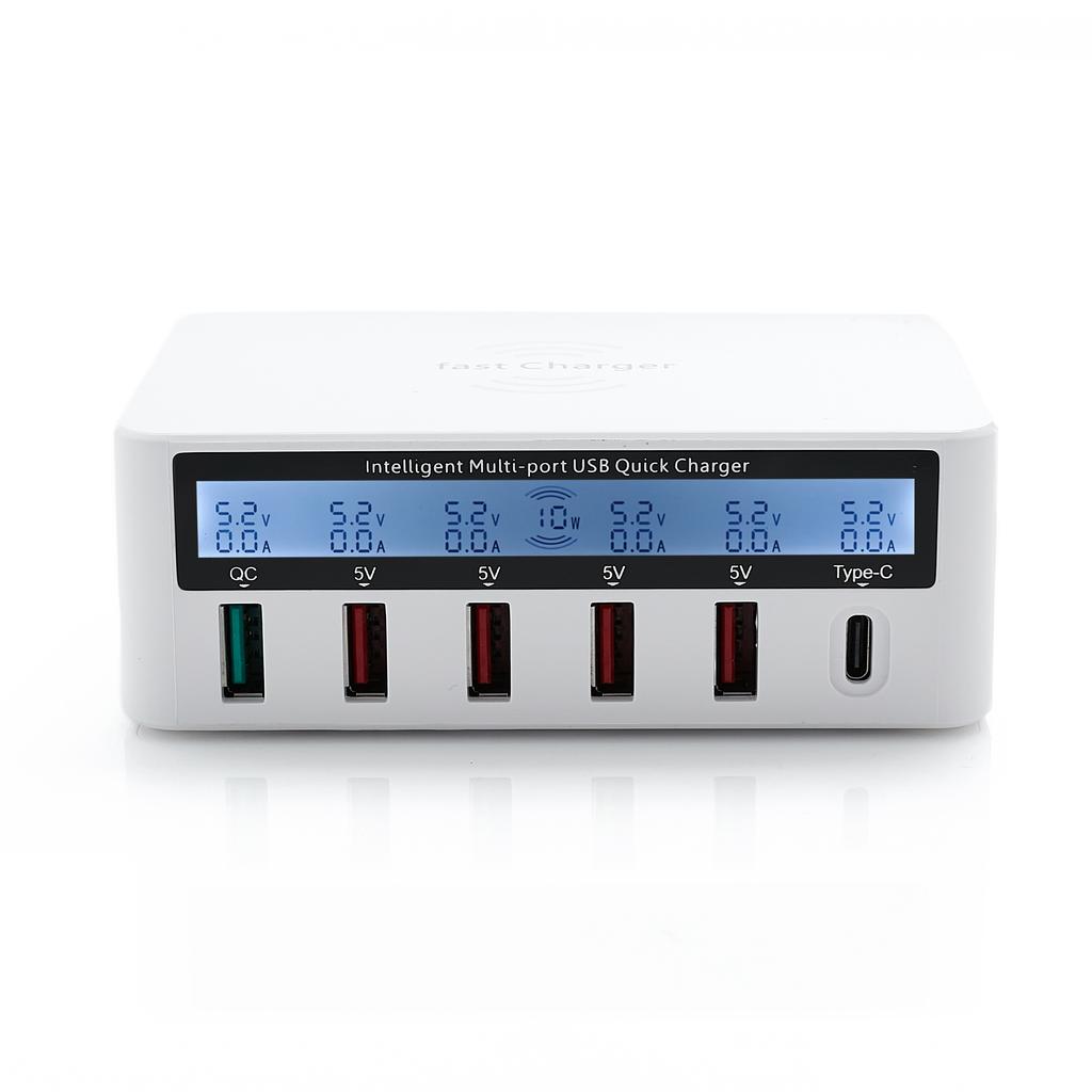 Inteligentna Ładowarka 6 Port (Port Usb Typu C + Bezprzewodowe Ładowanie)