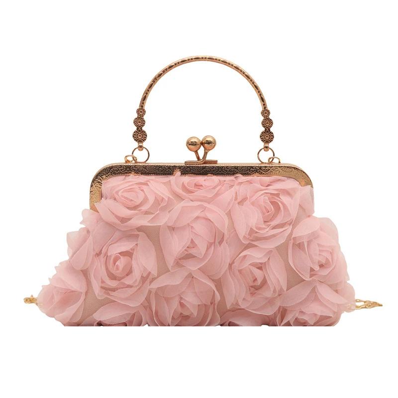 Elegant Women 3D Floral Chiffon Evening Bag Handcrafted Chain Strap Clutch Purse for Wedding Party Shoulder Crossbody